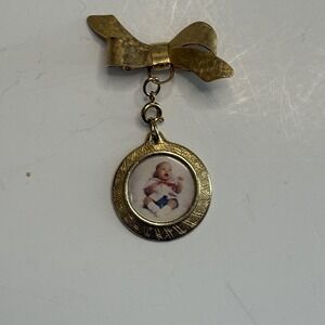Vintage Photo Brooch Pin Baby Picture Locket Gold Tone Bow Dangle Textured Frame